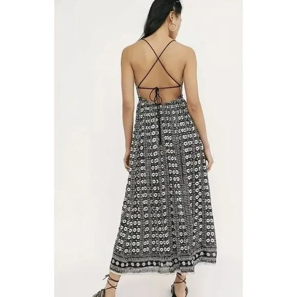 Free People Good Vibes Printed Embellished Mirror Halter Midi Dress XS NWT